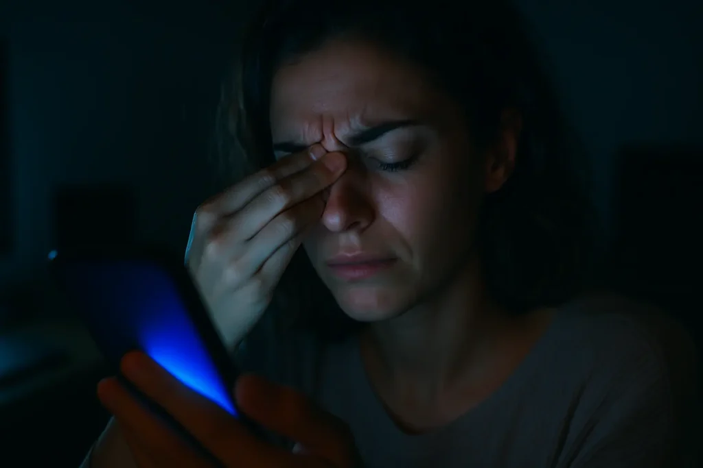 دختری که عینک نزده و چشمانش اذیت شده در اثر نور مانیتور