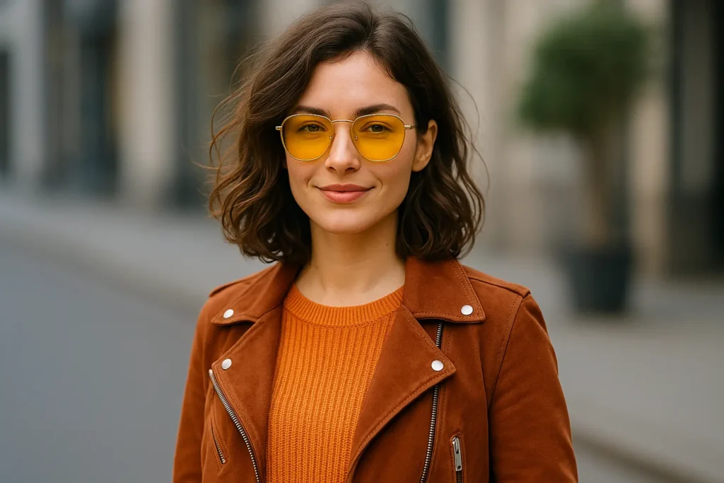 دختری که عینک بلوکات زرد زده و میخنده