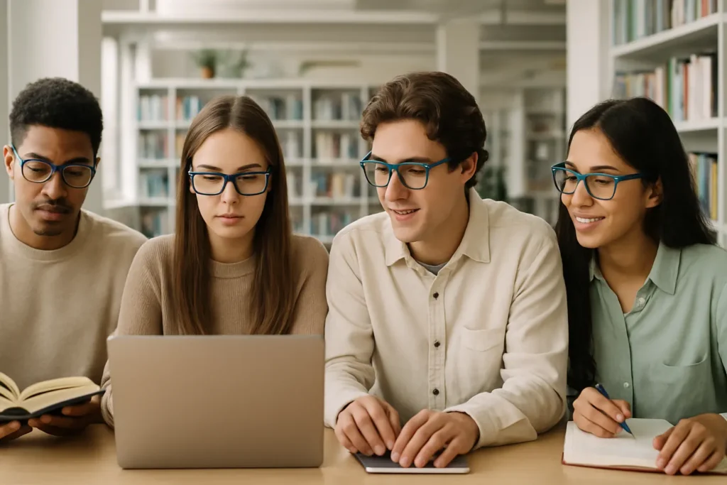 جوانان در حال مطالعه یا کار گروهی با عینک بلوکنترل در محیطی روشن و طبیعی.