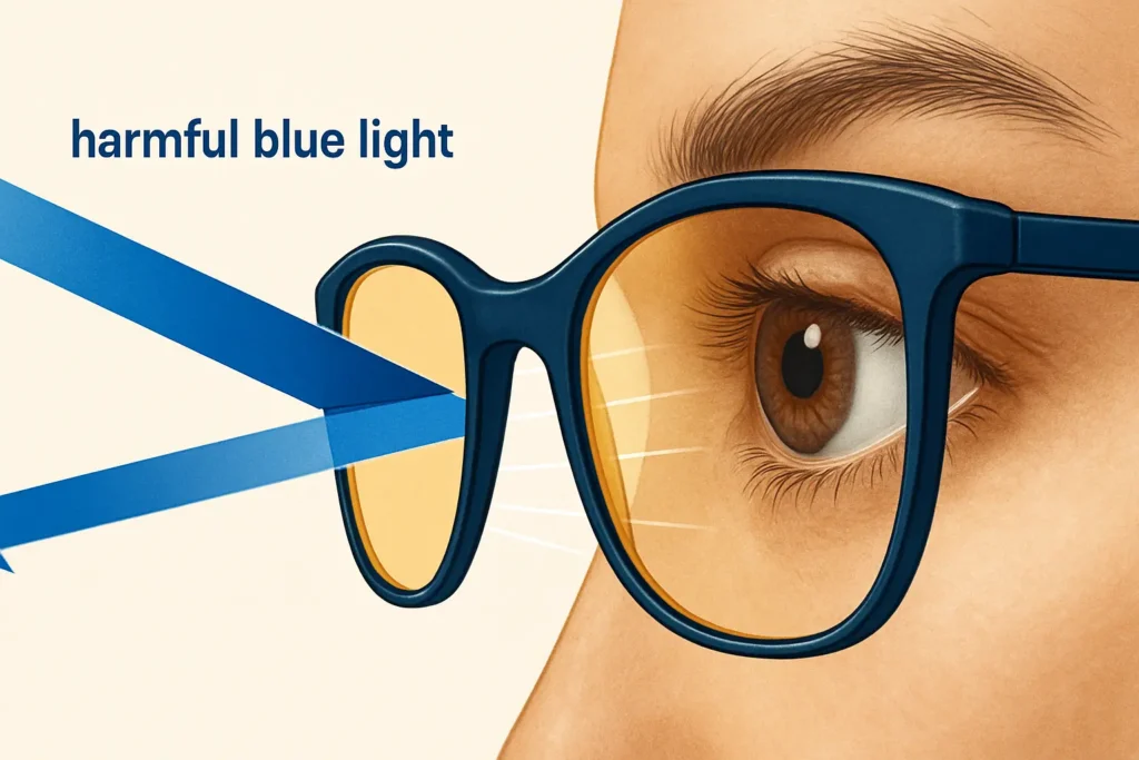 تصویری گرافیکی از یک چشم سالم که توسط عینک بلوکنترل در برابر نور آبی مضر محافظت می‌شود.