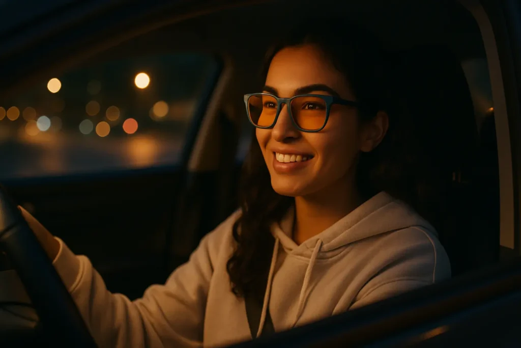 زنی که عینک بلوکات زده پشت فرمون ماشین