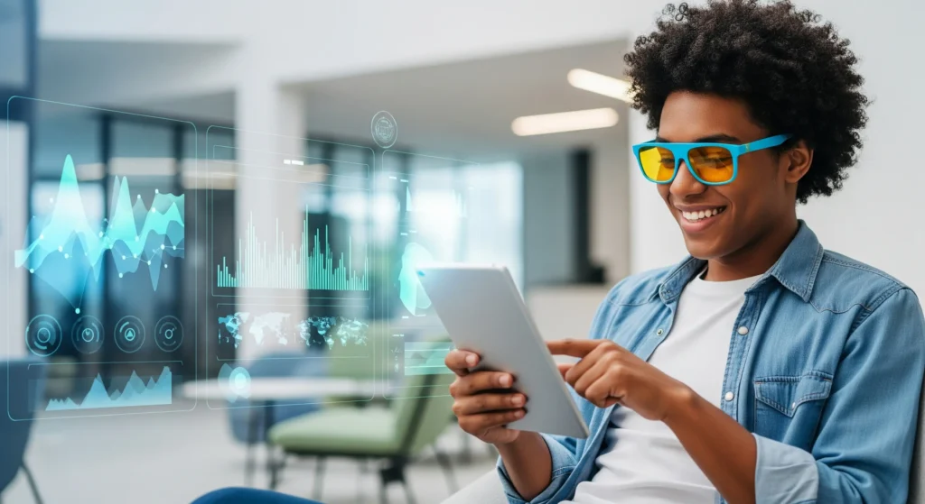 پسر سیاه پوستی در حال کار کردن با تبلت در حالی که عینک بلوکات زده