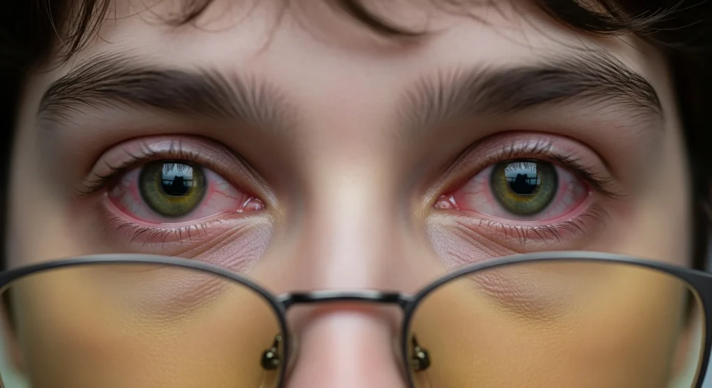 نمای نزدیک از چشمان یک فرد جوان که پس از ساعات طولانی کار با کامپیوتر، قرمز و خسته به نظر می‌رسند