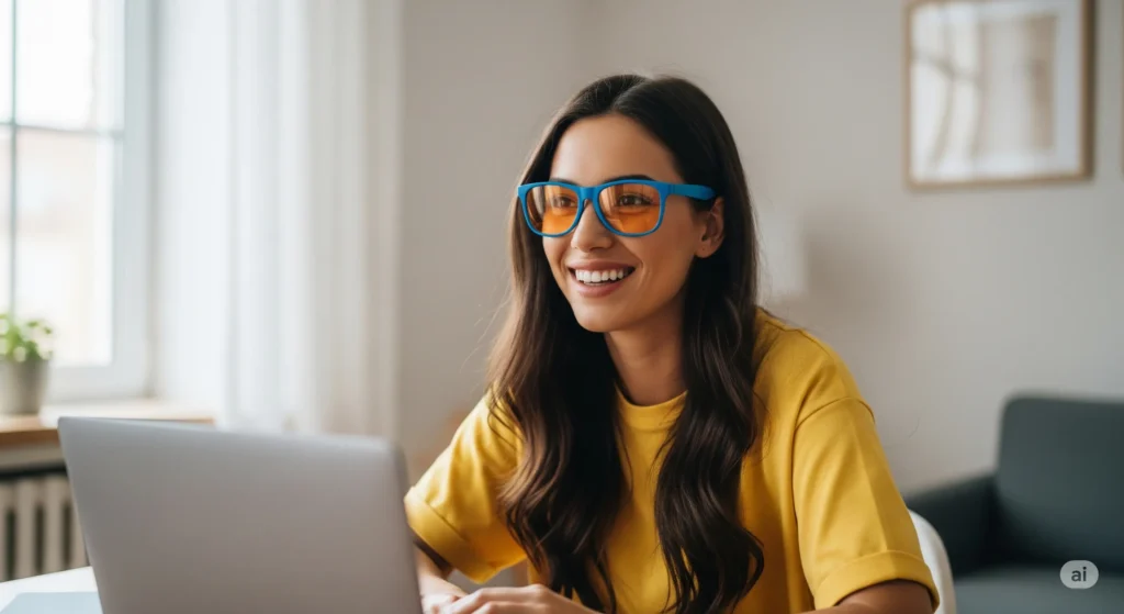 زنی که عینک بلوکات رو زده و خوشحاله