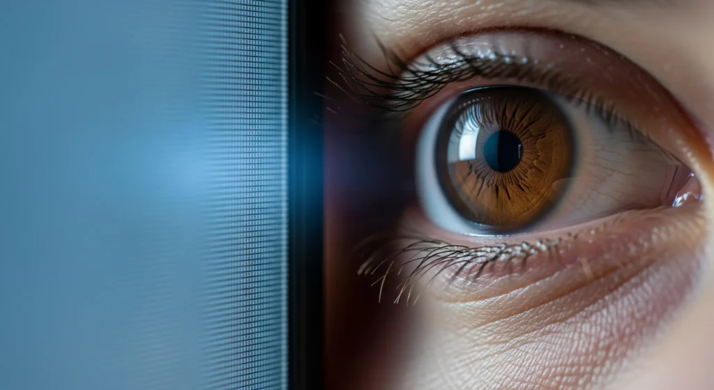 نمایی نزدیک از چشم خیره شده به صفحه آبی
