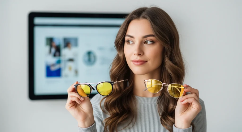 دختری در حال در دست گرفتن عینک بلوکات زرد رنگ