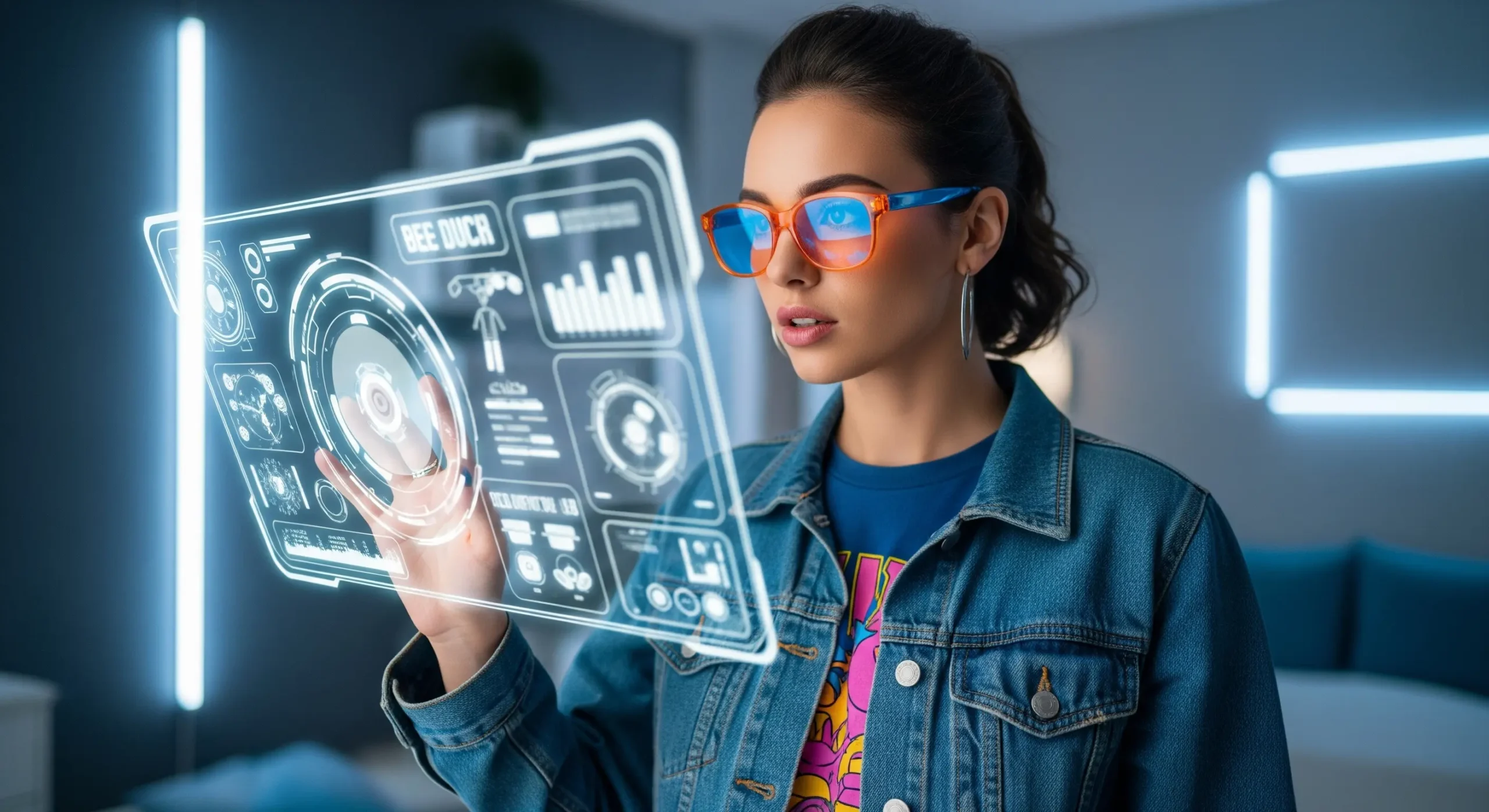 یک دختر جوان در حال نگاه کردن به یک صفحه دیجیتال آینده نگرانه