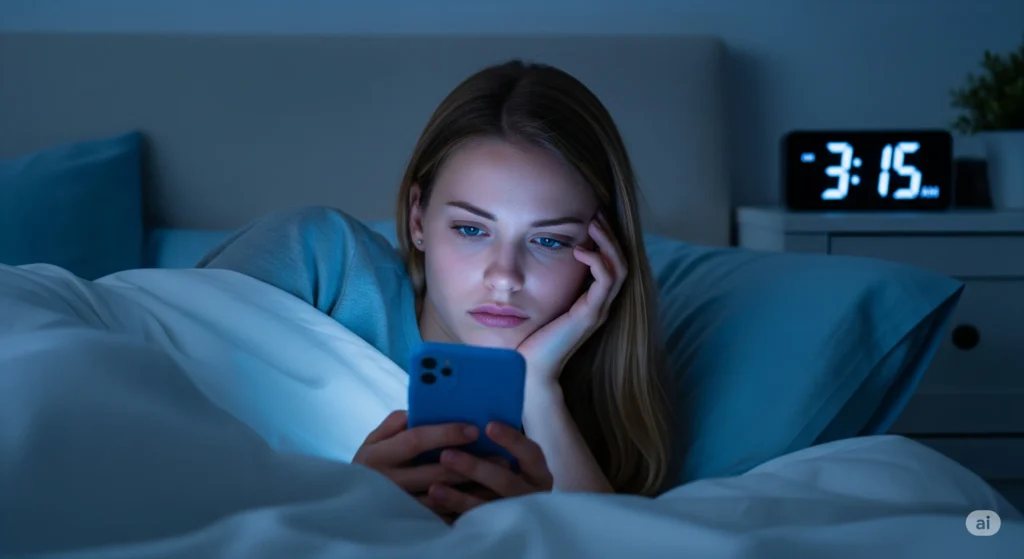 دختری که نصف شب داره با موبایل کار میکنه و فشار میاره روی چشاش