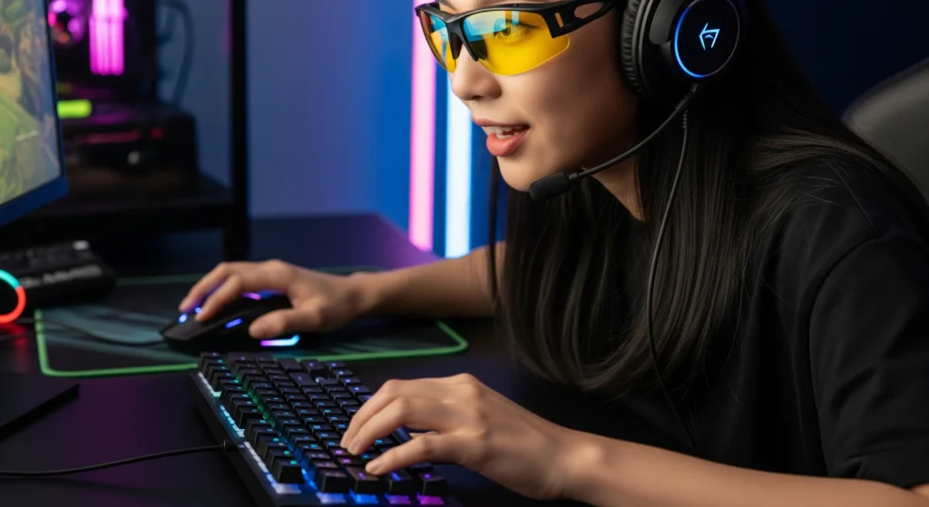 یک دختر گیمر در حال بازی کامپیوتری هیجان‌انگیز، با تمرکز کامل و عینک مخصوص بازی با لنز نارنجی یا زرد