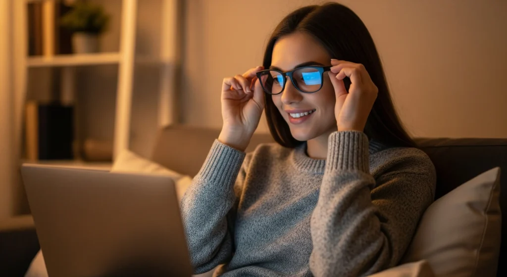 دختری در حال مشاهده مانیتور لپ تاپ در حالی که عینک بلوکات به چشم زده