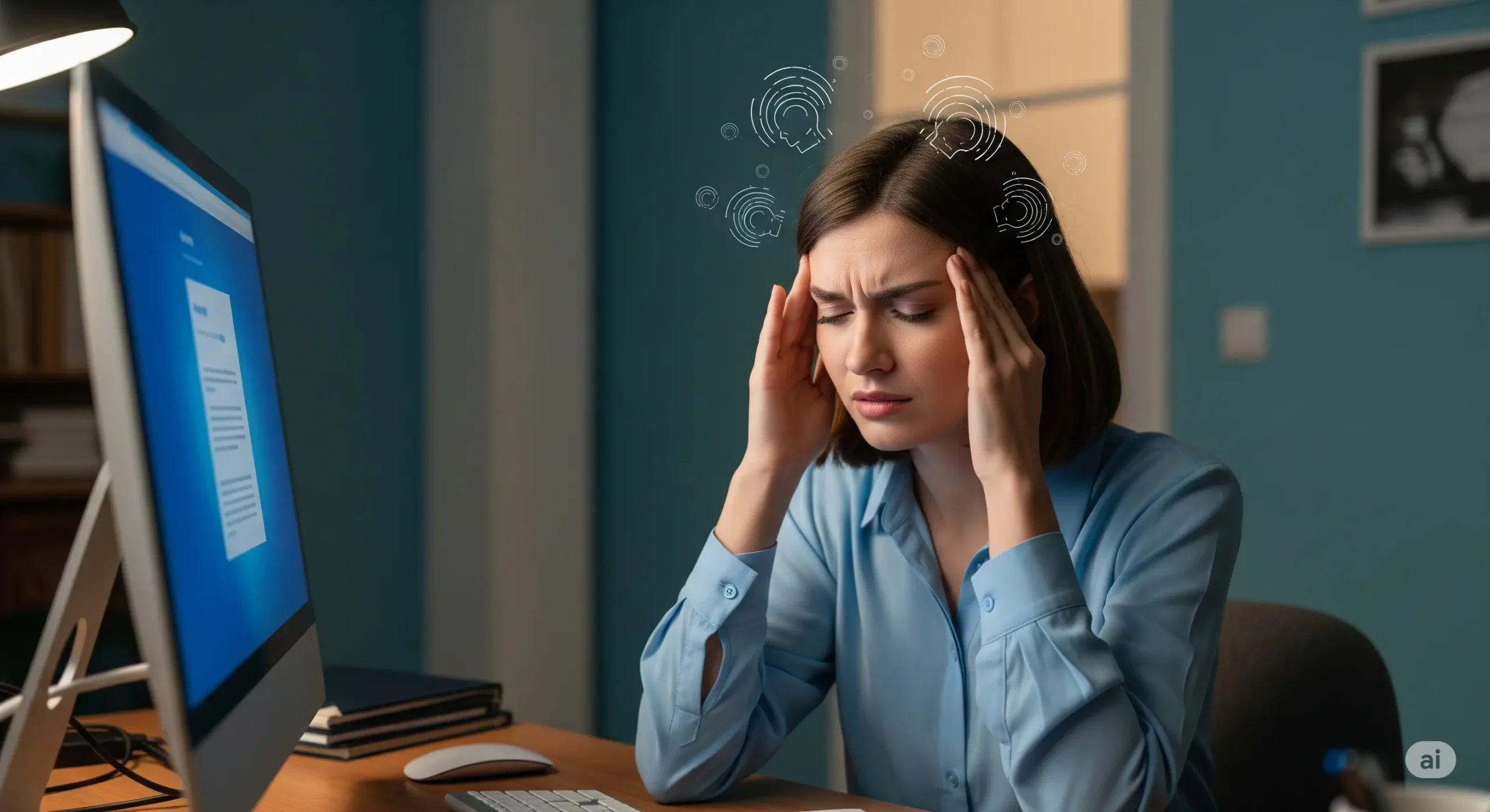 زنی که سردرد شده در اثر نور مانیتور