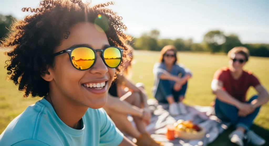 یک فرد نسل زدی که در یک روز آفتابی، در حال انجام فعالیت‌های بیرون از خانه است و عینک آفتابی با لنزهای زرد یا نارنجی به چشم دارد