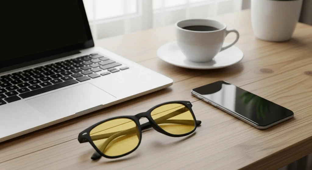 عینک بلوکات با رنگ زرد و لپ تاپ و فنجان قهوه
