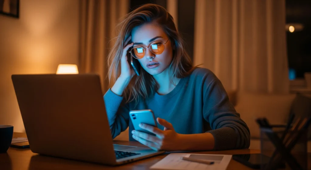 دختری که با عینک بلوکات داره به صفحه مانیتور لپ تاپ و موبایل نگاه میکنه