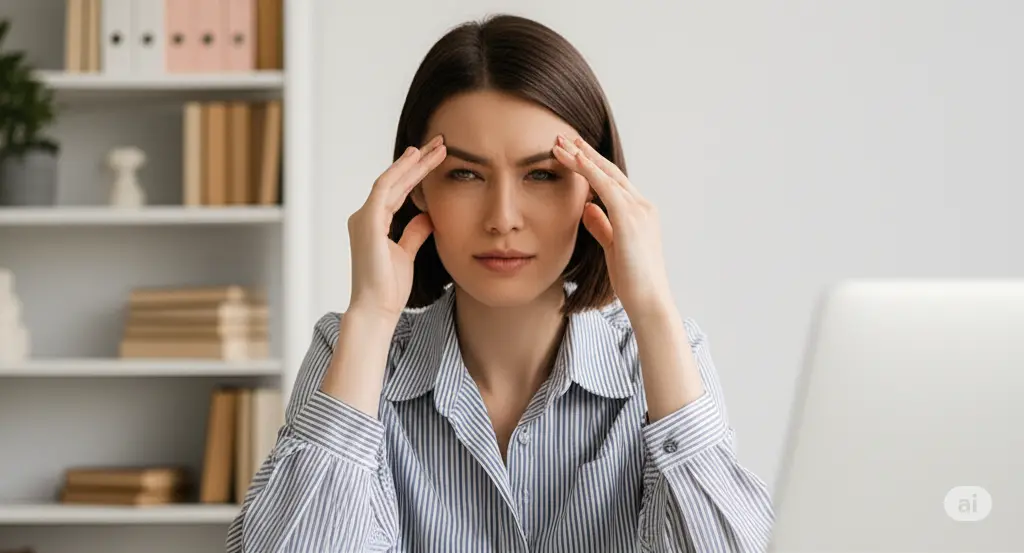 زنی که سردرد شده در اثر نور مانیتور