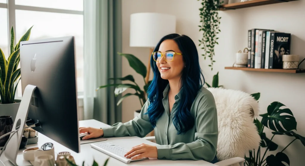 دختری که با عینک بلوکات داره به صفحه مانیتور لپ تاپ نگاه میکنه و میخنده