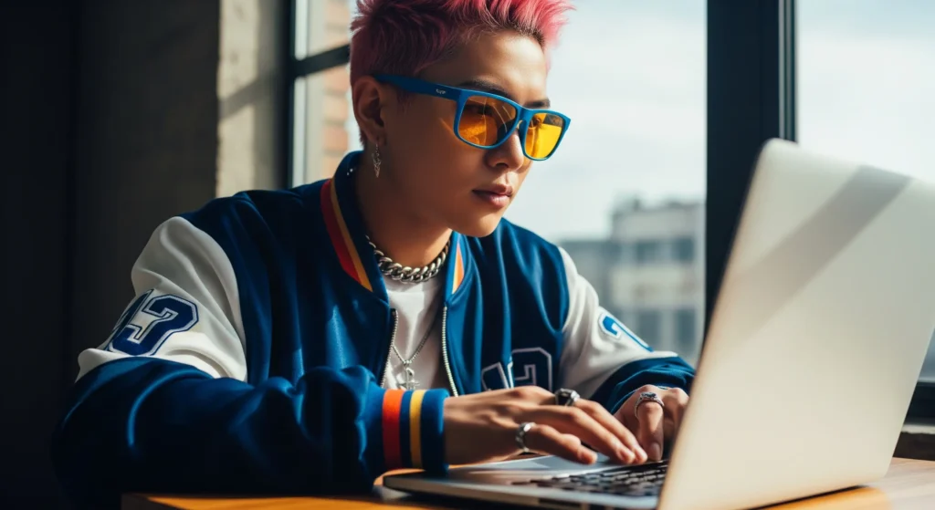 یک فرد نسل زدی که با استایل شیک، در حال استفاده از لپ‌تاپ یا گوشی است و عینک بلوکات با لنزهای زرد یا نارنجی به چشم دارد