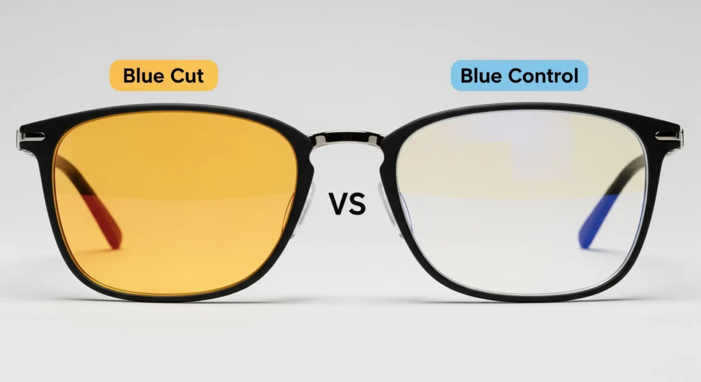 مقایسه لنزهای عینک بلوکات و بلوکنترل از نزدیک با تفاوت ظاهری در رنگ لنز