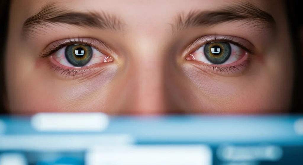 یک تصویر واقع‌گرایانه از چشمان خسته و کمی قرمز یک فرد جوان نسل زد که در حال نگاه کردن به یک صفحه نمایش است