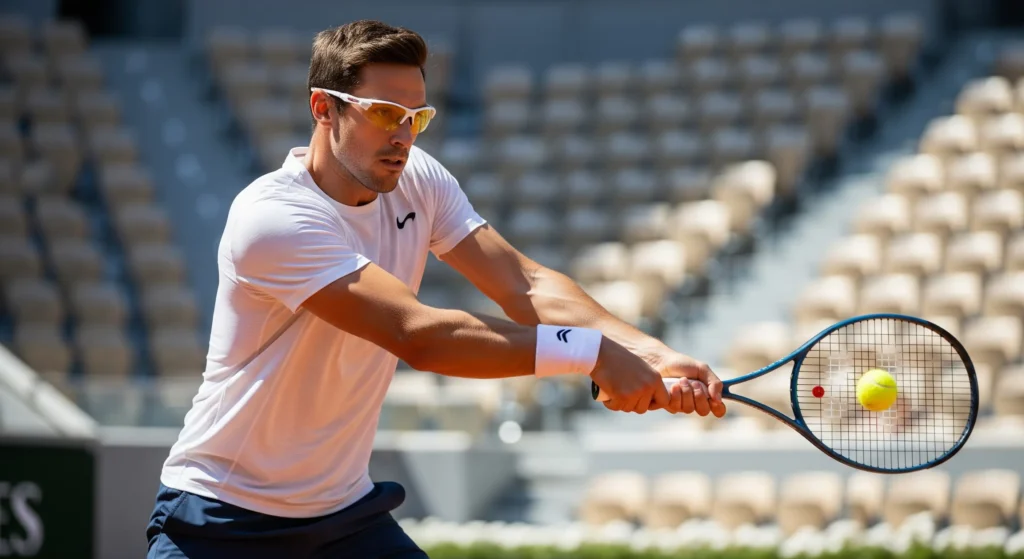 یک ورزشکار که در حال انجام فعالیت ورزشی است و عینک ورزشی با لنزهای زرد یا نارنجی به چشم دارد