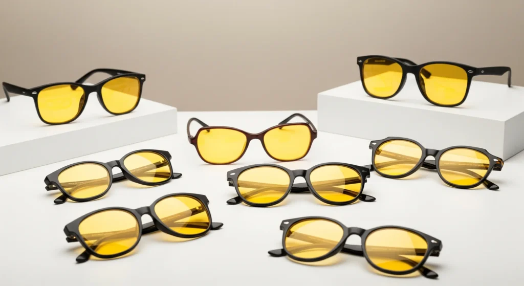 تعدادی عینک بلوکات با لنز زرد