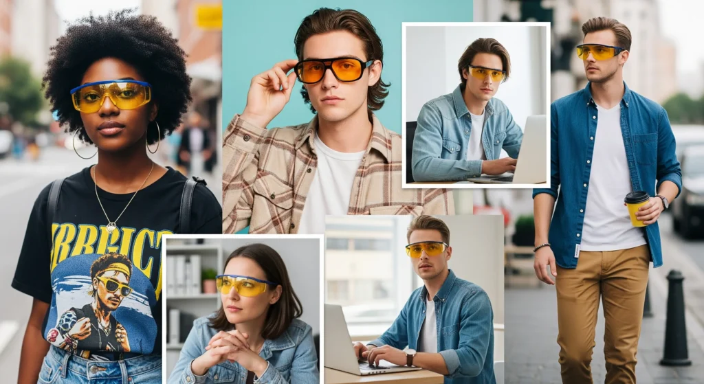 یک کلاژ از عکس‌های مختلف که افراد نسل زد با استایل‌های متفاوت، انواع مختلف عینک محافظ چشم (با لنزهای زرد یا نارنجی) به چشم دارند