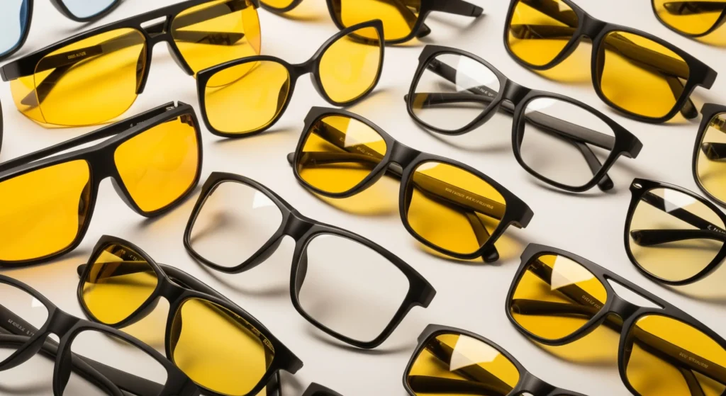 یک تصویر جذاب و مد روز که انواع مختلف عینک محافظ چشم (بلوکات، آفتابی، ایمنی) را در کنار هم نشان دهد.