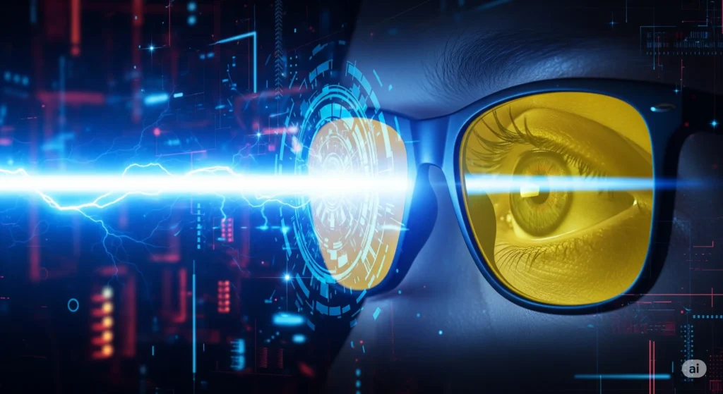 تصویری مفهومی از نور آبی که به سمت چشم می‌آید و عینک بلوکات که آن را فیلتر می‌کند