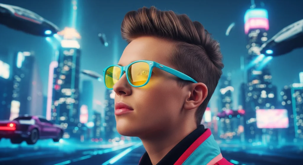 یک فرد شیک Gen Z با عینک های آبی با لنزهای زرد یا نارنجی آورده شده است که با اطمینان به آینده دیجیتال نگاه می کند