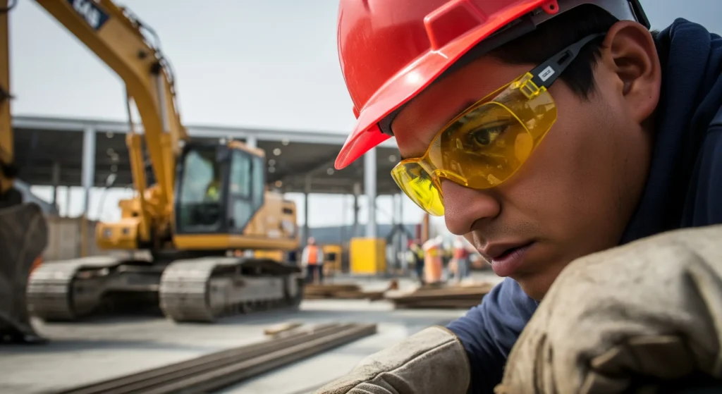 یک فرد که در یک محیط کاری پرخطر، در حال انجام کار است و عینک ایمنی با لنزهای زرد یا نارنجی به چشم دارد