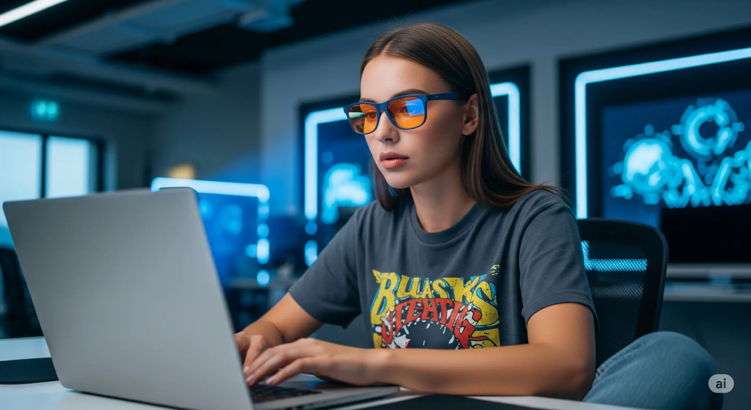 دختری مدرن که با عینک بلوکات داره با لپ تاپ کار میکنه