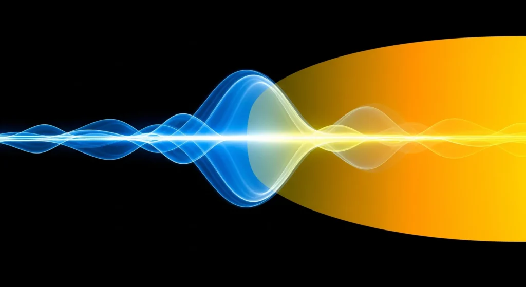 یک تصویر مفهومی از یک موج نور آبی که توسط یک لنز عینک با رنگ زرد یا نارنجی به وضوح فیلتر می‌شود یا تغییر رنگ می‌دهد