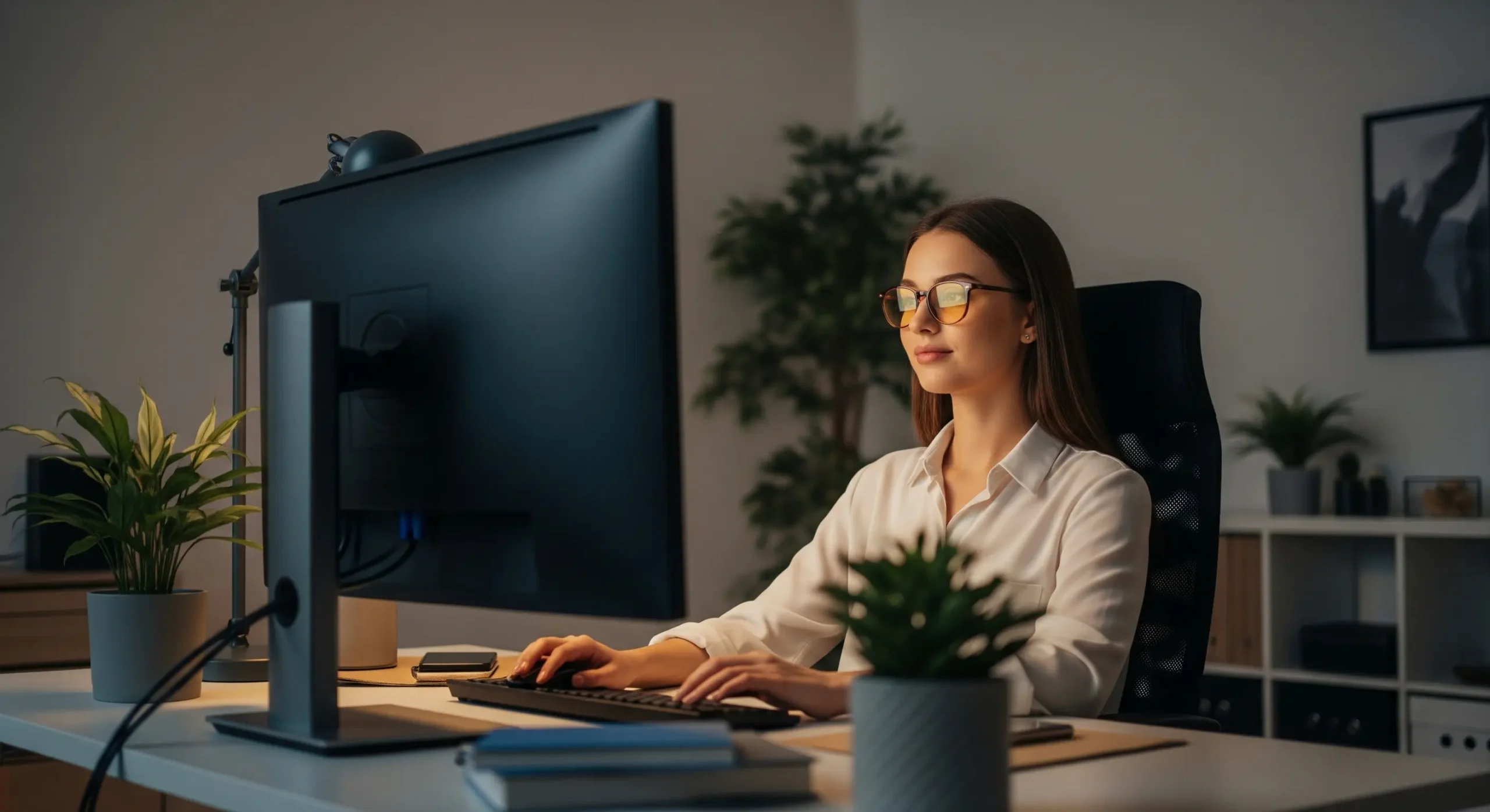 دختر جوان در یک دفتر مدرن نشسته جلوی کامپیوتر