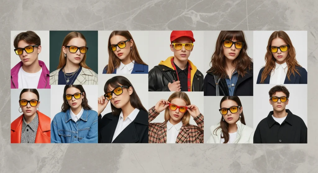 یک کلاژ از افراد نسل زد با استایل‌های مختلف که از عینک کار با کامپیوتر با لنزهای زرد یا نارنجی استفاده می‌کنند