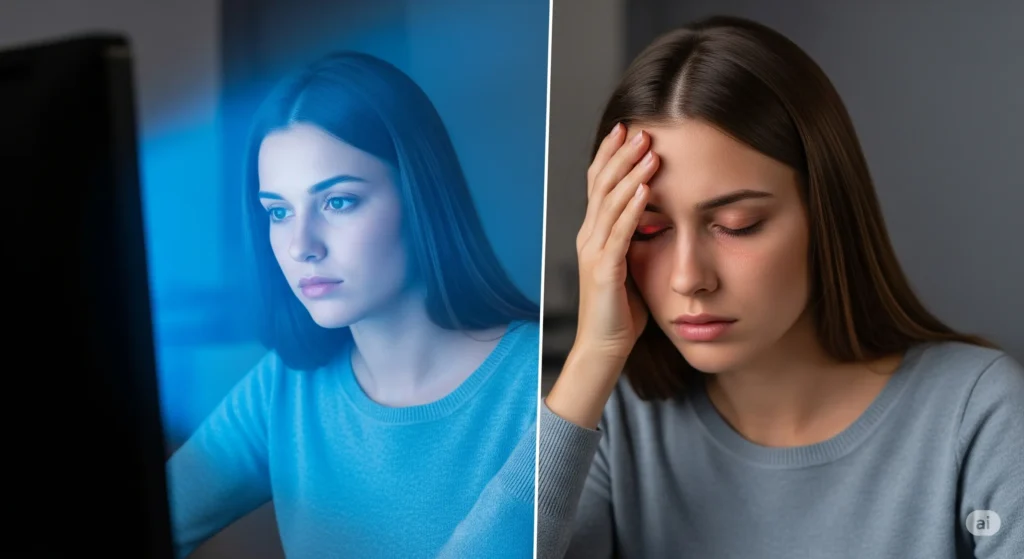 زنی که سردرد شده در اثر نور مانیتور