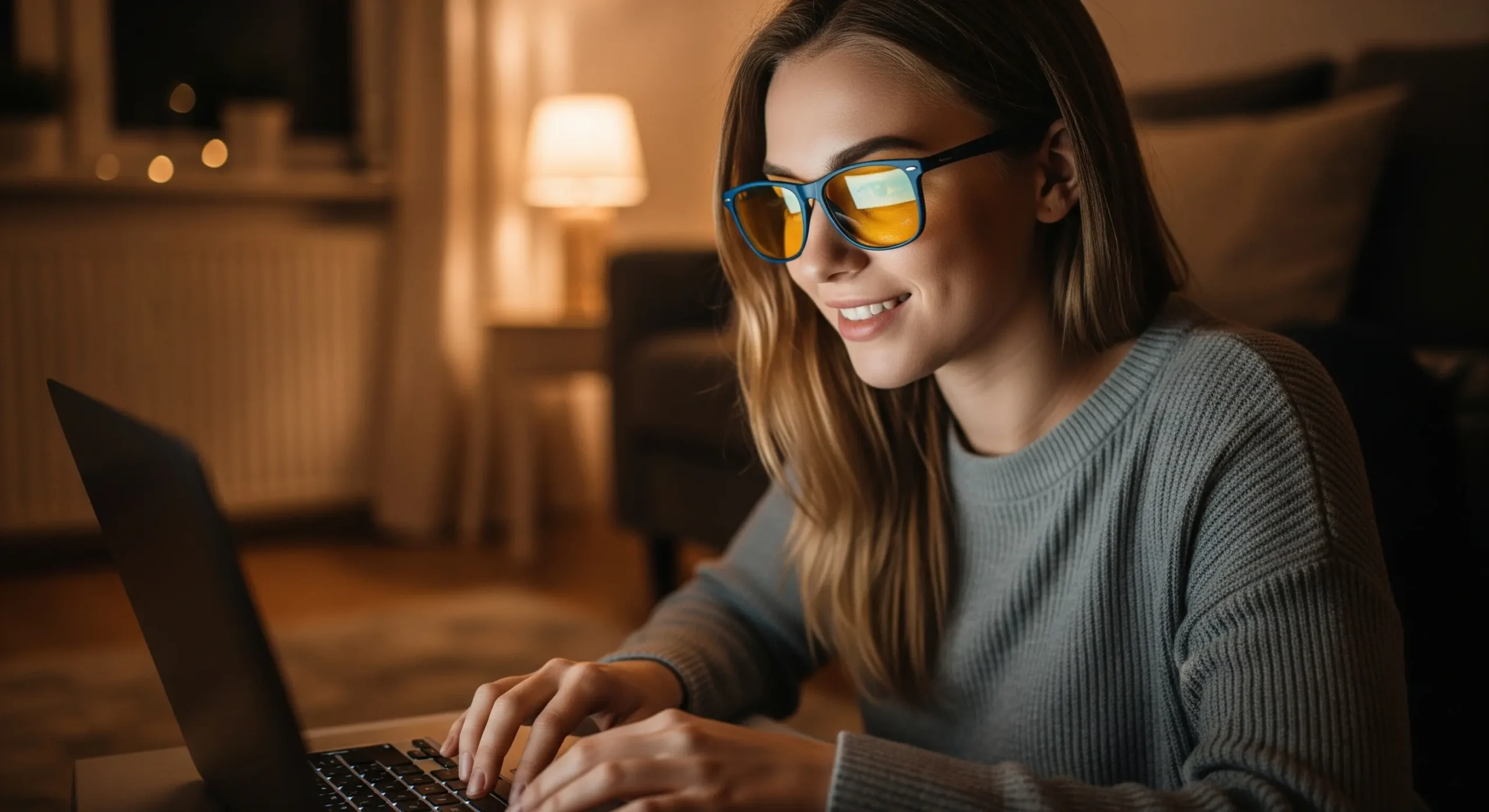 دختری در حال مشاهده مانیتور لپ تاپ در حالی که عینک بلوکات به چشم زده