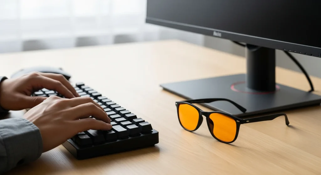 یک عینک بلوکات روی میز اداری