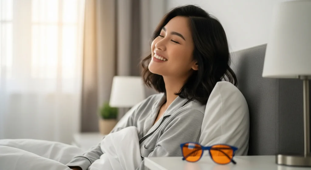 دختر جوان در تخت که پر انرژی از خواب بیدار شده