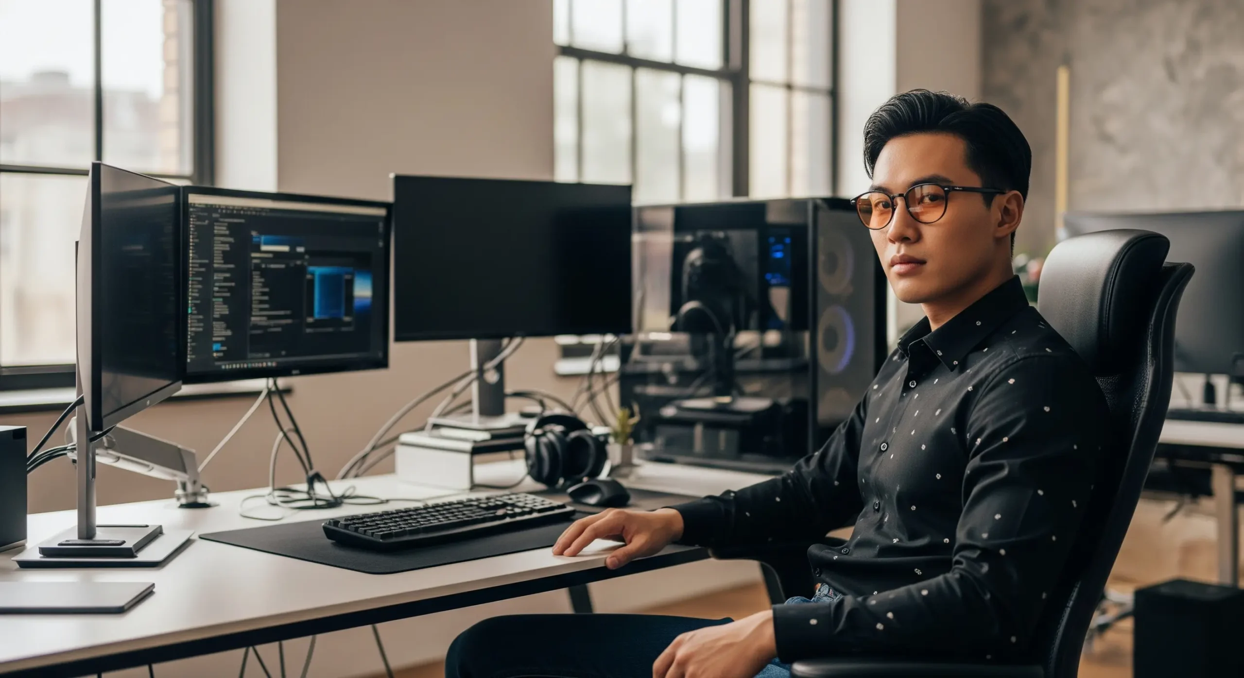 یک مرد جوان پشت کامپیوتر در یک دفتر شیک با عینک های نارنجی