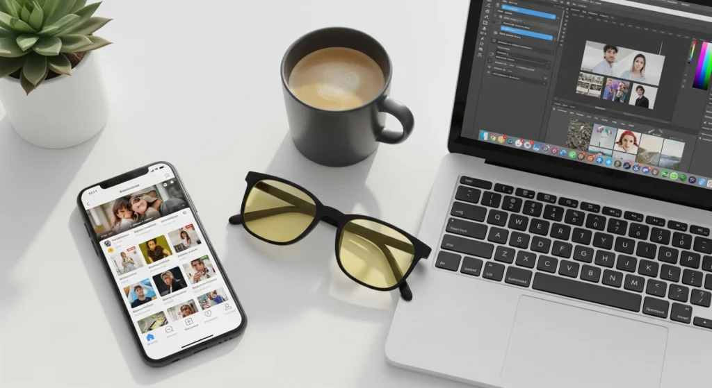 عینک کنار لپ تاپ و موبایل و کتاب