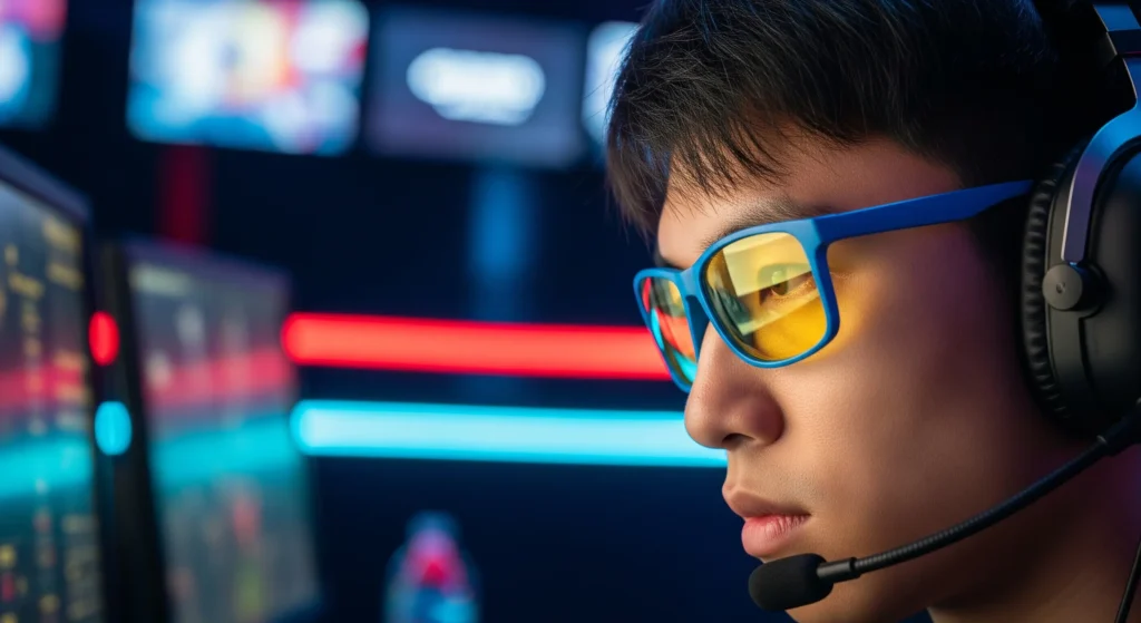 یک پسر جوان گیمر با عینک بلوکات در حال بازی کردن