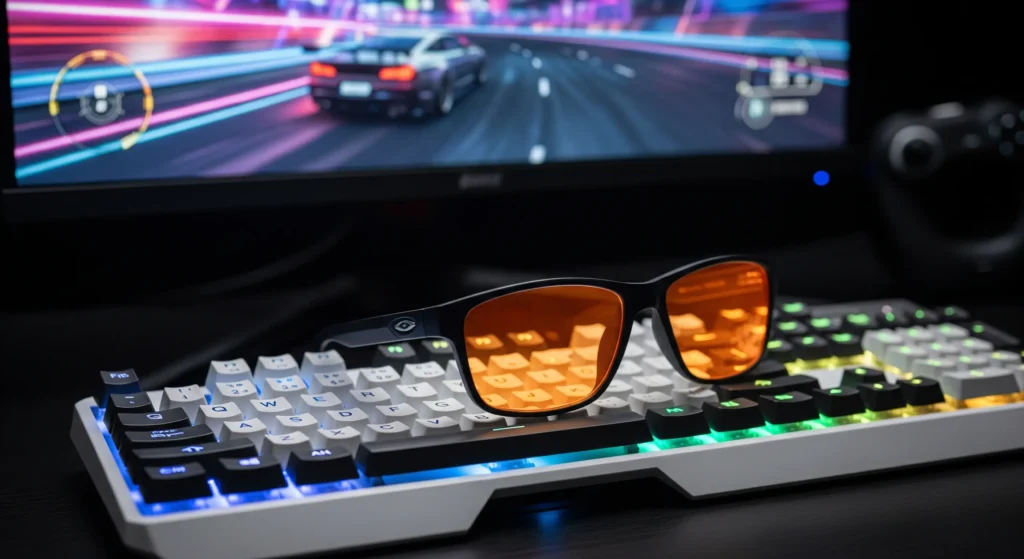 یک عینک بلوکات گیمینگ روی کیبورد کامپیوتر