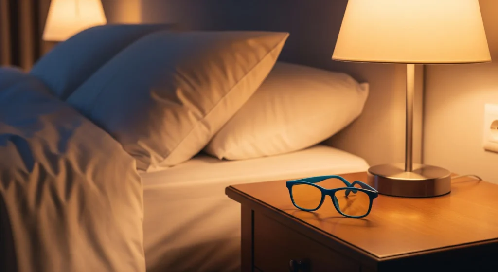 عینک بلوکات کنار تخت روی پاتختی