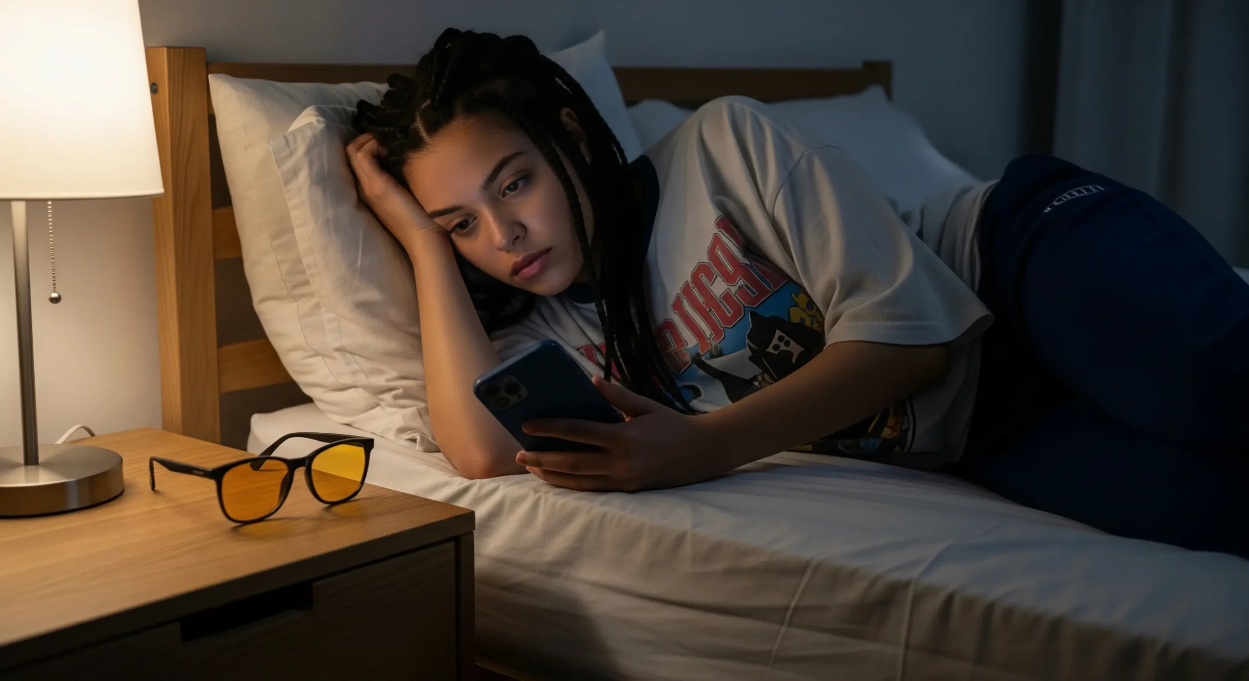 دختری در تخت در حال کار با گوشی