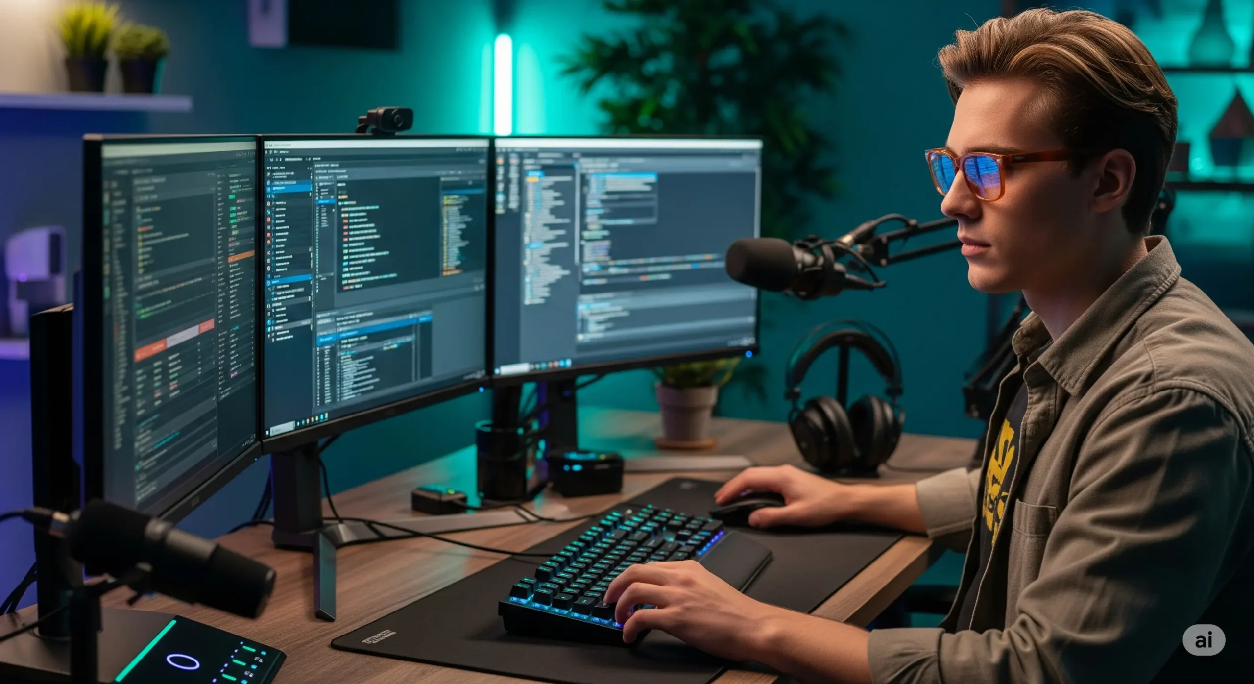 کارکردن یک مرد با سیستم در حالی که عینک بلوکات نارجی به چشم دارد