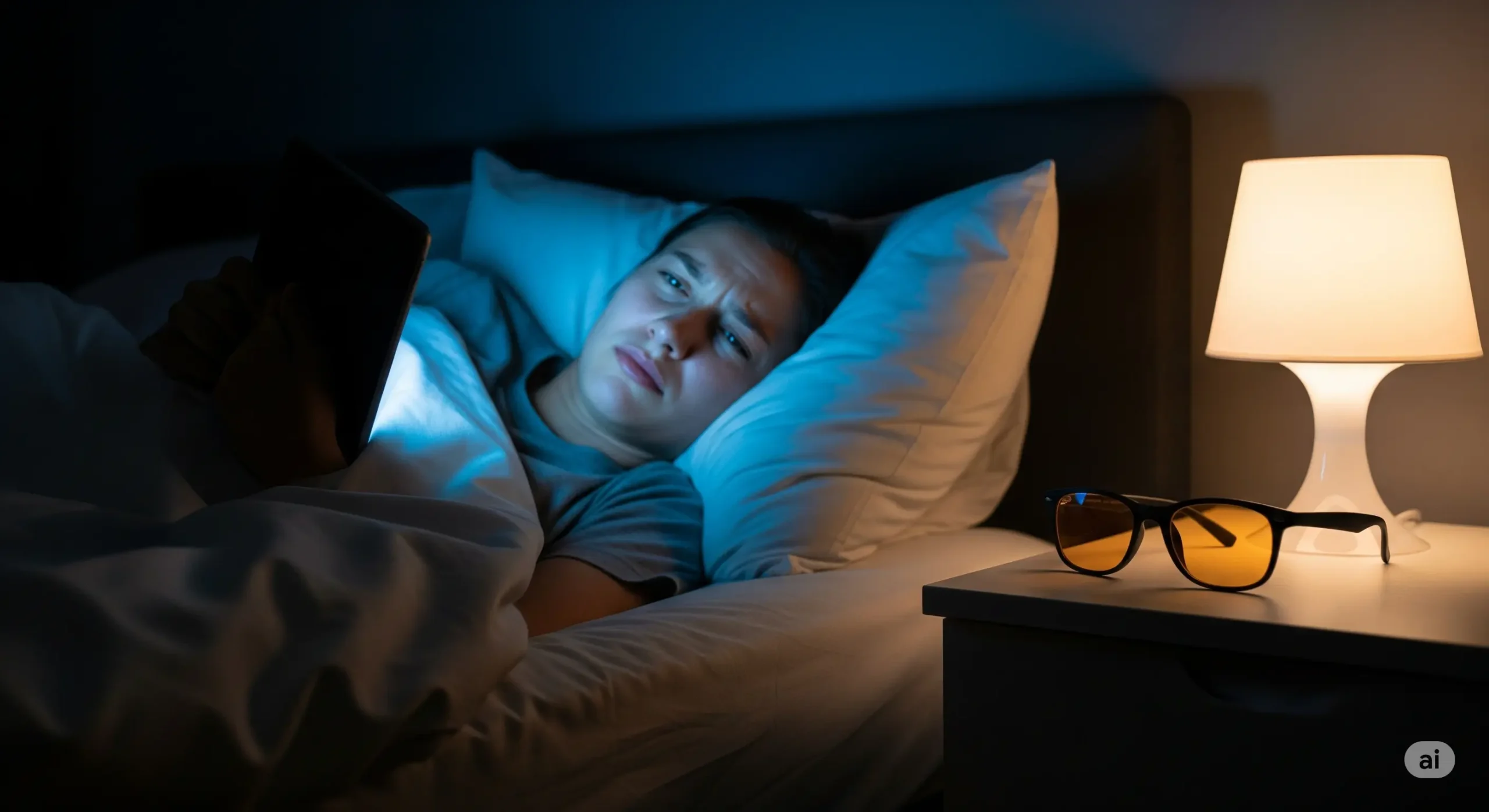 مردی که روی تخت خوابیده و از نور مانیتور ناراحته