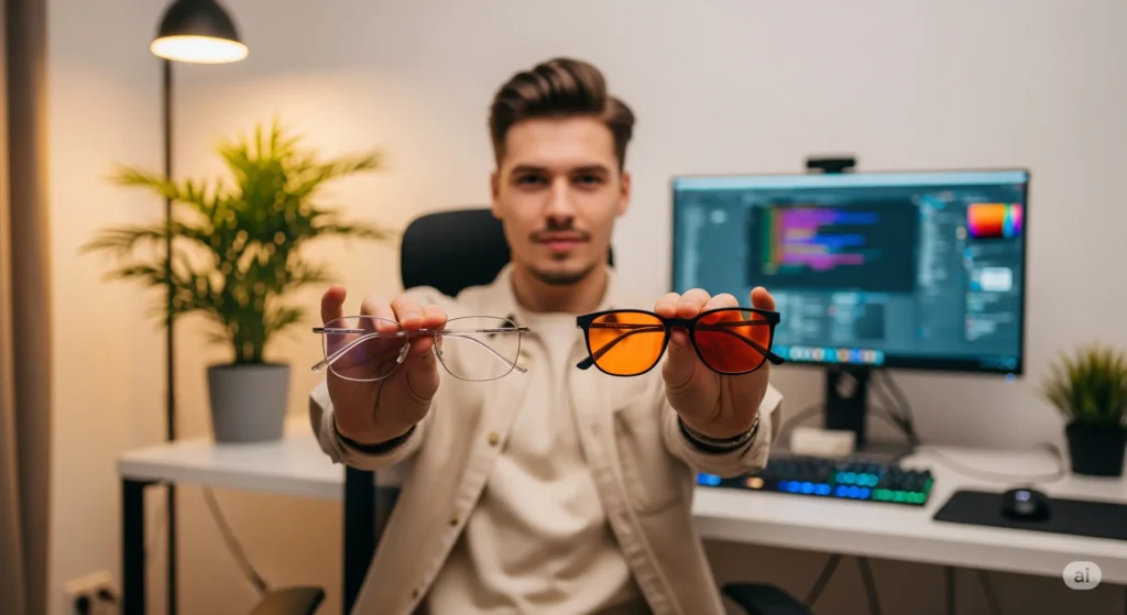 یک جوان نسل زد که دو عینک بلوکات و بلوکنترل را مقایسه می کند